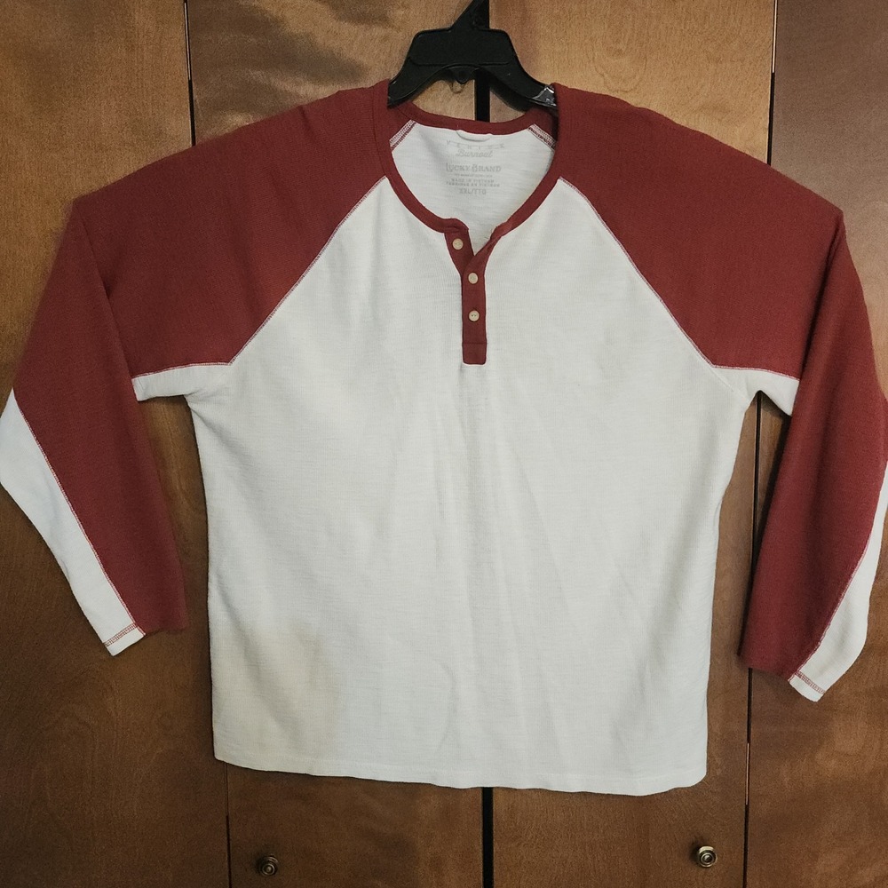C94 Lucky Brand Mens XXL Long Sleeve Thermal Henley Shirt Burgundy White Raglan